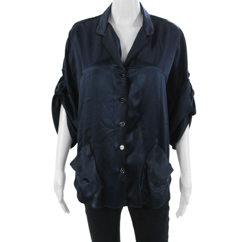 Adam Women Silk Button-Up Collared Short Sleeve Dark Blue Blouse Size 8